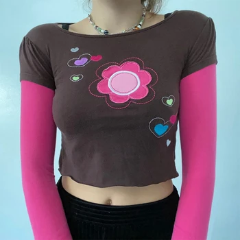 Vintage TEE Y2K Estetike Mozaik Cvetlični Vzorec, T-majice letu 2000 Fashin Vezenje Srce Roza Dolg Rokav Crop Tops E-dekle Tee