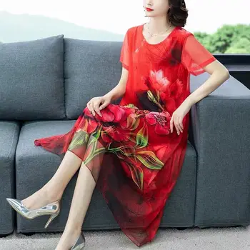 2021 Nove Ženske Poletje Umetno Svilo Kitajski Slog Obleko Elegantno Cvjetnim Tiskanja Plus Velikost Ženske Obleke Sundress Letnik Vestidos Q129