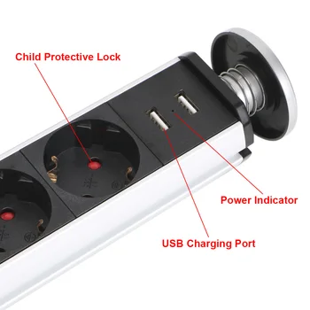 Tabela Pop Up Električno Vtičnico 3/4 moč EU Plug Power 1 Led+2 Polnjenje USB Skrite Namizje Vtičnice Aluminija Polica Kuhinja