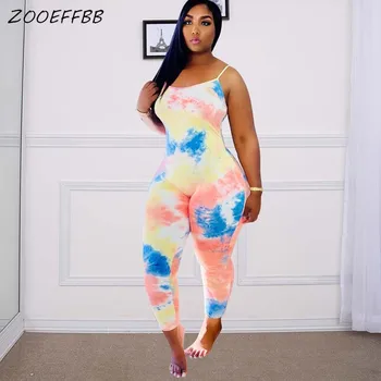 ZOOEFFBB Plus Velikost Oblačila Bodycon brez Rokavov Tank Jumpsuit Sexy Klub Obleko 2021 Moda za Ženske Estetski Kravato DyeLounge Obrabe