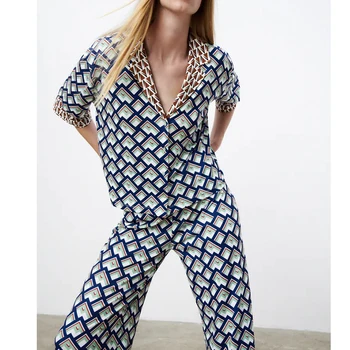 ZA 2 Kosa Ženske Majica + Hlače Nastavite 2021 Geometrijske Natisnjeni Kratek Rokav Proti-Vrat Bluzo Dolge Hlače Moda Dekleta Obleke