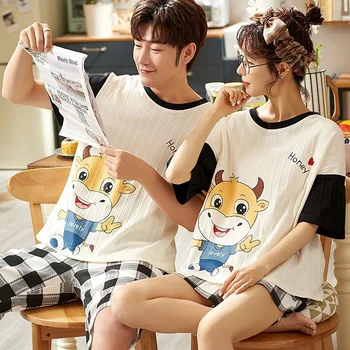 Par pižamo ženskih poletnih bombaža, kratek rokav tanke risanka srčkan korejski svoboden moški lahko nosijo domov obleko Tovarne Flash prodaje