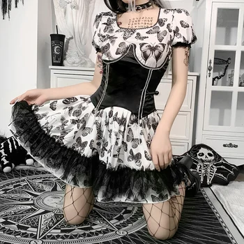 InsGoth Temno Goth Metulj Black Dress Vintage Čipke Trim Črto Mini Obleka Harajuku Kratek Rokav Visoko Pasu Stranka Klub Obleke