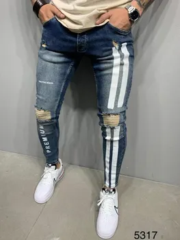 Človek Skinny Jeans Prugasta Zadrgo Raztrgala Denim Harajuku Letnik Hip Hop Delo Svinčnik Hlače Natisnjeni Skinny Jeans
