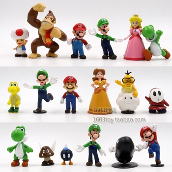 6Pcs/veliko 3-7 cm Super Mario Bros PVC Akcijska Figura, Igrače, Lutke Model Set Luigi Yoshi Osliček Kong Gobe za otroke, darila za rojstni dan
