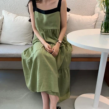 Johnature Novi Korejski Špageti Trak Obleko Za Ženske 2021 Poletni Mozaik Svoboden Brez Rokavov Priložnostne Obleko