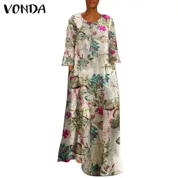 Ženske Pomlad Sundress Long Sleeve Vintage Natisnjeni Maxi Dolgo Obleko 2021 VONDA Bohemian Stranka Vestidos Femme Robe