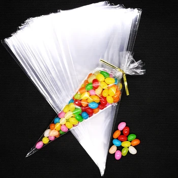 100 kozarcev Pregleden sladkarije pakiranje Torbe Poroko, Rojstni dan Okraski Sweet Celofan Candy Bag Cone Skladiščenje Embalaža Vrečko