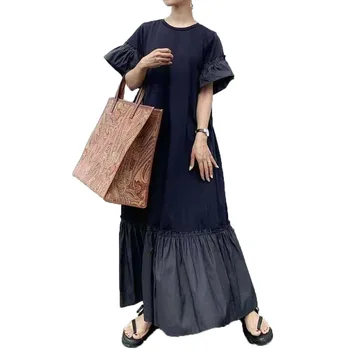 Japonske Ženske Obleke Puff Rokav 2021 Poletje Ruffle Črna Vitek O-Vratu Črto Pol Rokav Svoboden Priložnostne Visoko Pasu Obleke