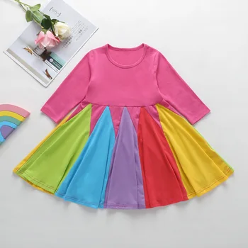 2021 Spomladi Nova Dekleta Obleko Z Dolgimi Rokavi, Krog Vratu Ujemanje Barv Mavrice Princesa Obleke Baby Dekle Pomlad Obleko Velikonočni Oblačila