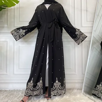 Vroče Prodaja Odprtih Abaya Ženske Obleke Čipke Z Biseri Design Muslimanskih Moda Kimono Dolgo Tam Kaftan Islamske Dubaj Obleke Za Ženske