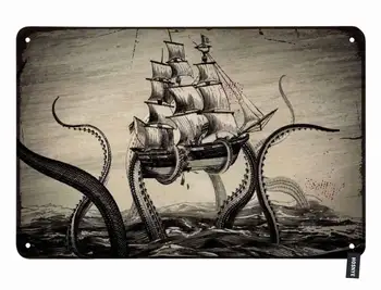 Legenda Kraken, Kositer SignOctopus Kraken z Jadrnico na Morje, Ocean Letnik Kovinski Tin Znaki za Moške, Ženske Steno