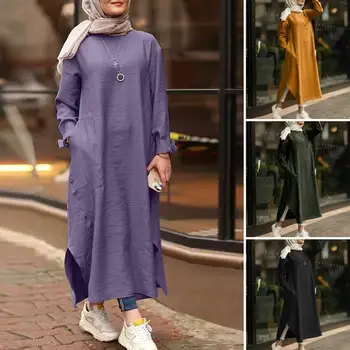 Vintage Split Obleka Ženske Poletje Obleko ZANZEA Dolg Rokav Muslimanskih Obleke, Casual Abaya Hidžab Obleke Vestido Dolgo Maxi Obleke