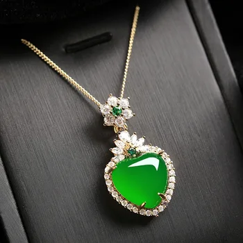 Naravni Green Jade Kristalno Smaragdno dragih kamnov Obesek Ogrlice Za Ženske Zlata Ton Srce Choker Nakit, dragulji, Stranka Darila