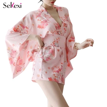Seksi Spodnje Perilo, Ženske Dolgo Najlon Nightgown Obleko Erotično Japonski Sakura Slog Natisnjeni Ženske Kimono Plašč Sleepwear Za Seks Noč