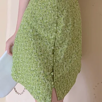 Francoski Stil Cvetlični Letnik Priložnostne Obleko Ženske Poletje 2021 Moda Proti-Vrat, Zelena Slim Mini Vestidos Puff Rokav Sundress Haljo Nova