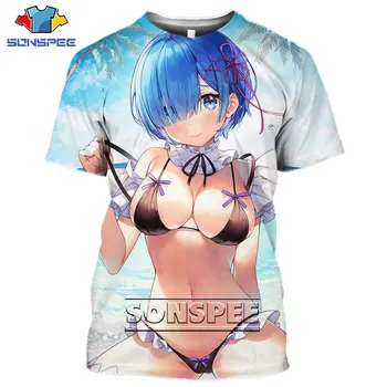 SONSPEE Anime 3D Tisk T-shirt za Moške, Ženske Re Nič Rem Seksi Dekle Kopalke Stranka Ohlapen Pulover Velikosti Kratkimi Rokavi