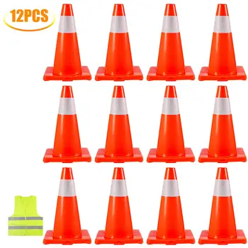 VEVOR 12 20 Pack 18 Inch Prometni Stožci PVC Znanja Oranžna Opozorilni Cest, Gradbeništvo z Odsevno Ovratnico za Varnost v Cestnem Parkirišče