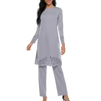 Vroče Prodajo Modne Ženske Muslimanskih Abaya Obleke Iz Votlih Delih Dolg Rokav Obleka Vrhovi Hlače Komplet