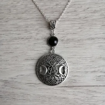 Ženske triple moon pentagram Ogrlico, črni oniks naravnega kamna,celtic,wicca ,čarovnica Čar nakit Darila za prijatelje