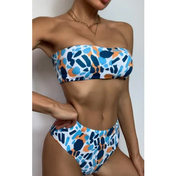 Mossha Seksi visoko pasu bikini 2021 mujer Dot tiskanja kopalke Bandeau push up kopalke ženske String čipke kopalke Biquini