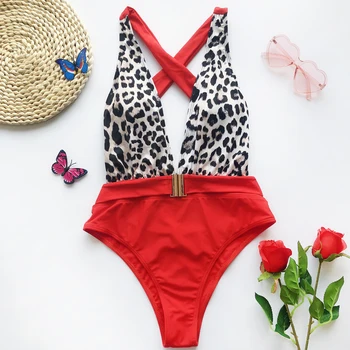 En Kos Belega Seksi Bikini Visoko Izreži Vitka Rdeče Leopard Tangice Povoj Kopalke, kopalke Ženske, Plavanje Obleko za Ženske Plavati