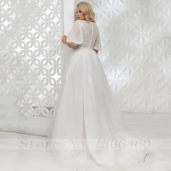Thinyfull 2020 Elegantno Plus Velikost Poroka Obleke Linije V Vratu Zabuhle Rokav Nevesta Obleke Gumb Čipke Appliques Poročne Obleke
