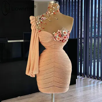 Coral Pink Visoko Vratu, Kratke, Dolge Rokave Prom Obleke In Plašče De Cocktail Tiste Rože Mini Stranka Halje Abendkleider 2021