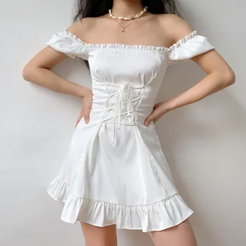 Vintage Elegantne Bele Poletne Obleke Svetlobe Mini Seksi Obleka Ženske Priložnostne Puff Rokav Kvadratnih Ovratnik Lok Bodycon Povoj Party Robe