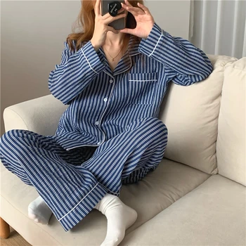 Bombaža ženske črtasto pižamo nastavite dolgo oplaščeni domov množica žensk pomlad priložnostne eno zapenjanje z zadrgo sleepwear pjs 2pcs L187