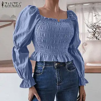 Stilsko Ženske Naguban Bluze ZANZEA 2021 Priložnostne Puff Rokav Vrhovi Kvadratnih Vratu Blusas Ženski Trdna Ruffle Vrh Prevelik Dres