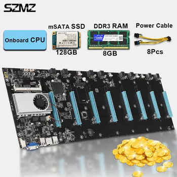SZMZ 8 Grafike ETH Rudarstvo matične plošče, Komplet z Vgrajeno CPU + mSATA SSD 128GB + DDR3 RAM 8GB nabor Cryptocurrency Rudar Ploščad Combo
