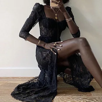 Rosetic Eleganten Poletje Čipke Obleko Ženske Seksi Glej Skozi Hipster Moda Priložnostne Visoko Pasu Split Dolge Obleke, Kvadratni Ovratnik 2021