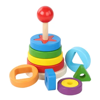 Lesene mavrica zlaganje obroč stolp igra montessori Izobraževalne Igrače Za Otroke obliko ujemanje igro otroci barve Spoznavanja igrača