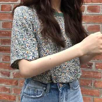 Kratek Rokav T-majice Ženske Cvetlični Osnovne Letnik Preproste Zasnove, korejski Slog High Street Slim Dihanje Poletje Moda Ponudbe