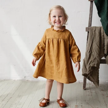 Jeseni Malčka Otroci Baby Girl Oblačenja Pastorala Slog Ruffles Long Sleeve Solid Bombaž Perilo Stranka Priložnostne Obleko otroška Oblačila