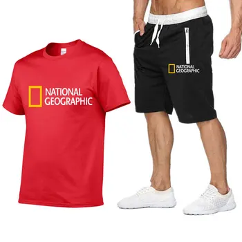 Poletni Prosti čas National Geographic blagovne znamke Moških je iz Trenirko Šport Trenirke Moški Sweatsuit Kratkimi Rokavi T shirt 2 kos