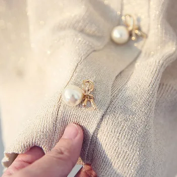 Sijoče Chic Vintage Pearl Gumb Pletene Jopice 2021 Proti-vrat Votlih Iz Pulover Ženske, Spomladi Nova Barva Preprost Jakna