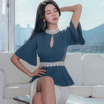 Moda 2020 Nove Ženske Priložnostne Slim Modro Bluzo Flare Rokav Poletje Letnik Mozaik Lace Majica Vrhovi Podjetja