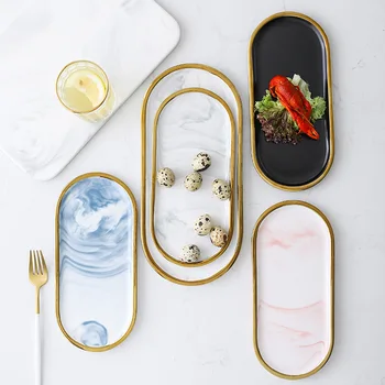Lepe Nordijska INS pladenj keramični nakit za shranjevanje ploščo ustvarjalne zlati rob sladico plošče spletno slaven marmorirano shranjevanje ploščo