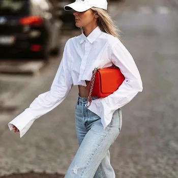 Moda Nezakonitih Žep Elegantno Kratko Belo Bluzo Za Ženske Poln Rokav Svoboden Crop Tops 2020 Jeseni Korejski Ulica Slog Bluzo