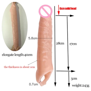 Penis razširitev kondom, 28 cm dolga, za enkratno uporabo, vibracije, extender, petelin obroč, moškega spola igrače penis širitve