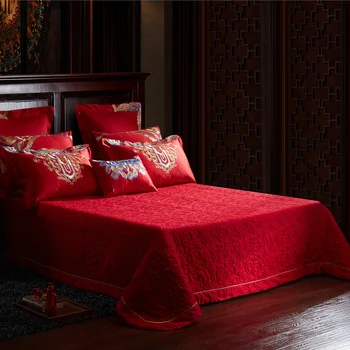 Zlato Loong Phoenix Vezenje Luksuzni Rdeča Poroko Stil Bombaža Posteljni Set Rjuhe Kritje Posteljo stanja/Perilo Bedspread Pillowcases