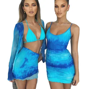 Ženske na plaži krilo obleko tie-dye dva kosa poletje modre kopalke žensko poletje nov slog 2021 dolgo sleeved krojenje