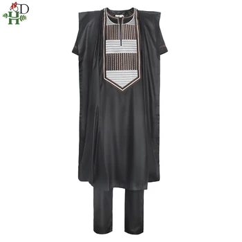H&D Afriške Agbada Haljo Moški 3 Kos Set Vezenje Dashiki Majica Afriki Oblačila Kratek Rokav Kritje Vrhovi, Hlače, Obleka Obleke Obleko