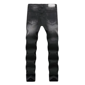 2019 Visoke Kakovosti Moških Casual Kavbojke Luknjo Slim Naravnost Naguban Biker Jeans Hlače Moški Hombre Denim Moda Črne Hlače