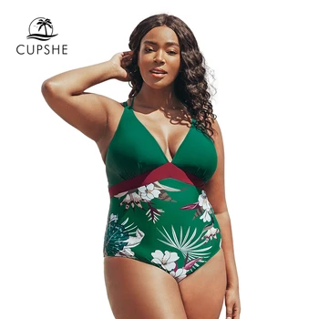 CUPSHE Plus Velikost Zeleno Cvetno Proti-Vrat En Kos Kopalke Za Ženske Velikosti Monokini kopalke 2021 Dekle na Plaži Kopalke