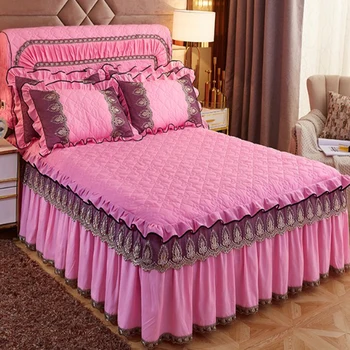 Evropski stil 3pcs čipke skirted bedspread vezenje postelja kritje prešite luksuzni barva debela odeja runo tkanine posteljo stanja