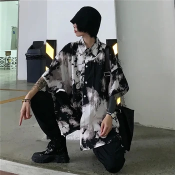Harajuku Punk Gothic Črno Bluzo Vrh Nove Ženske Tie Dye Korejski Oversize Srajce Letnik Svoboden Priložnostne Ulične Oblačila 2021