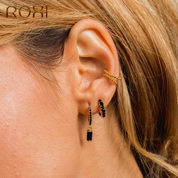 ROXI 925 Sterling Srebro ženski Uhani Kvadratnih Black Cirkon Huggie Ear Piercing Hoop Uhan Stranka Poročni Nakit Dodatki